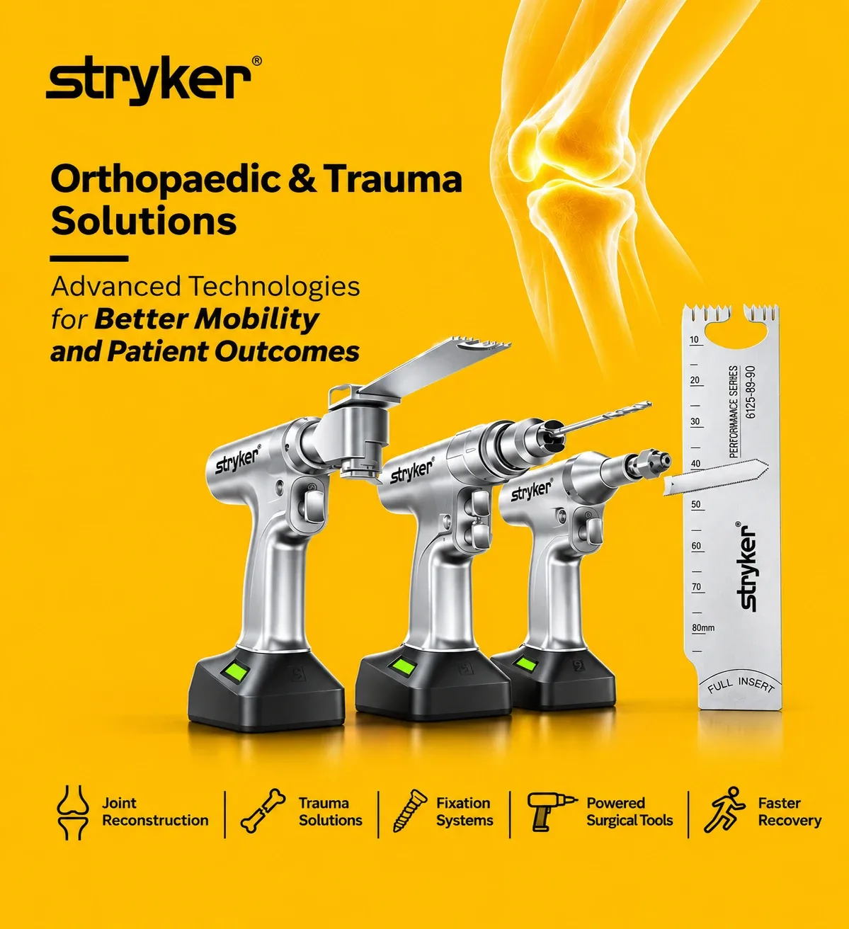 إعلان من Stryker: حلول جراحة العظام والإصابات — تقنيات متقدمة لحركة أفضل ونتائج أفضل للمرضى، تشمل ترميم المفاصل والإصابات وأنظمة التثبيت والأدوات الجراحية الكهربائية.